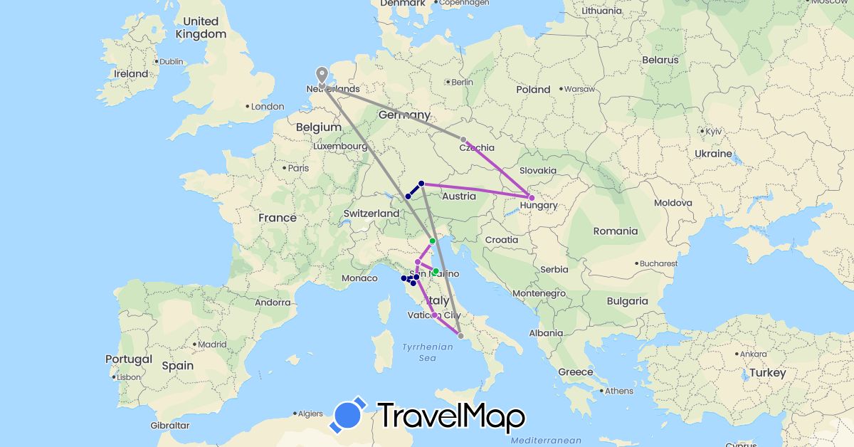 TravelMap itinerary: driving, bus, plane, train in Czech Republic, Germany, Hungary, Italy, Netherlands, San Marino (Europe)
